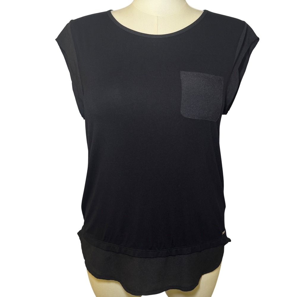 Calvin Klein Womens‎ Black Mixed Media Cap Sleeve Top High Low Hem size L